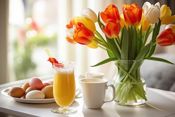 Easter Breakfast food table. Festive brunch set, meal variety with boiled eggs, orange juice and tulip flowers. Overhead view - Powered by Adobe