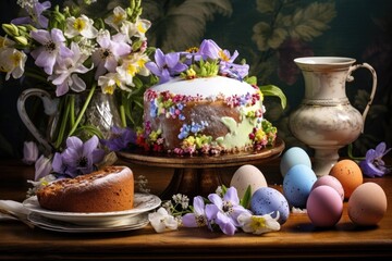 Obraz na płótnie Canvas Easter still life with colorful Easter cakes, Easter eggs on rabbit dessert plate. Traditional Easter treat on festive table decorated with spring flowers.