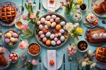 Beautiful table setting with spring flowers for Easter celebration. With cake, eggs and fruits and...