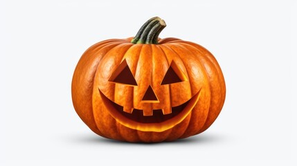 Fototapeta premium Spooky charm: an orange jack-o-lantern, adorned with an ominous grin, lights up the frame on a white studio backdrop.
