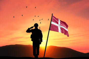 Silhouette of a soldier with the Denmark flag stands against the background of a sunset or sunrise. Concept of national holidays. Commemoration Day.