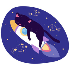 Sticker with a cute black cat in space, sleeping on a rocket