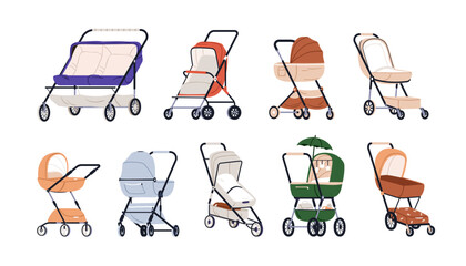 Strollers, prams, pushchairs set. Empty baby carriages, wheeled cradles. Childs carts, infants transports for walking, different design types. Flat vector illustrations isolated on white background - obrazy, fototapety, plakaty