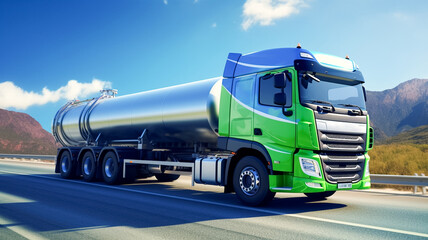 Truck with hydrogen fuel tank trailer H2 Hydrogen. Renewable or sustainable electricity. Truck engine for emission free eco friendly transport.
