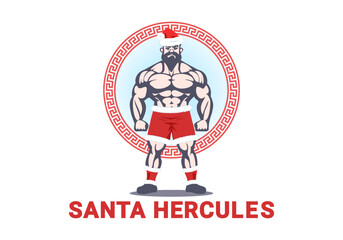 Vector strong powerful bodybuilder santa hercules. Red warm hat and shorts. Festive Christmas athlete. Logo or emblem. White isolated background.