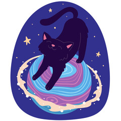 A sticker with a cute black cat character on a planet