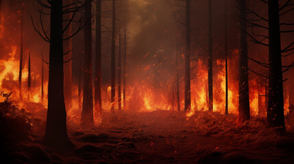 Dark forest with burning trees, epic background, generative ai - obrazy, fototapety, plakaty