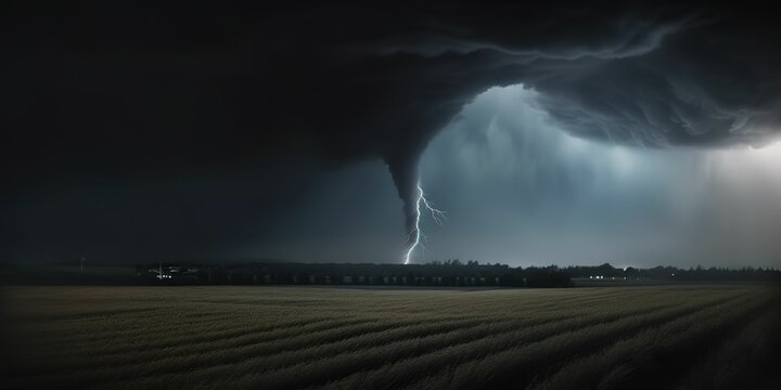 Black tornado funnel and lightning over field during thunderstorm, generative ai