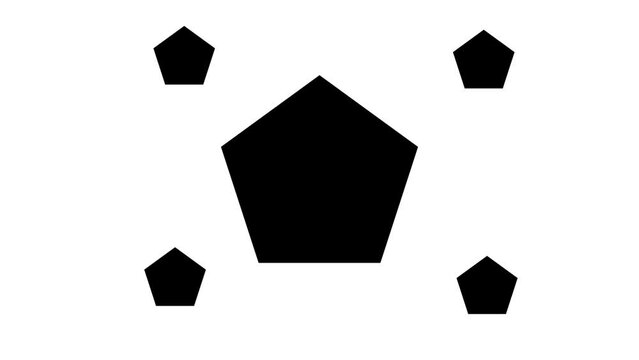 Zoom in and out animation the pentagon symbol. Large black symbol in the center and four small symbols around. Seamless looped 4k animation on white background