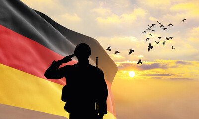 Silhouette of a soldier with the Germany flag stands against the background of a sunset or sunrise....