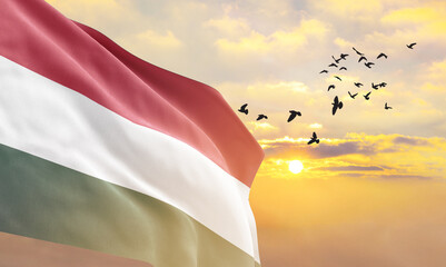 Waving flag of Hungary against the background of a sunset or sunrise. Hungary flag for Independence...