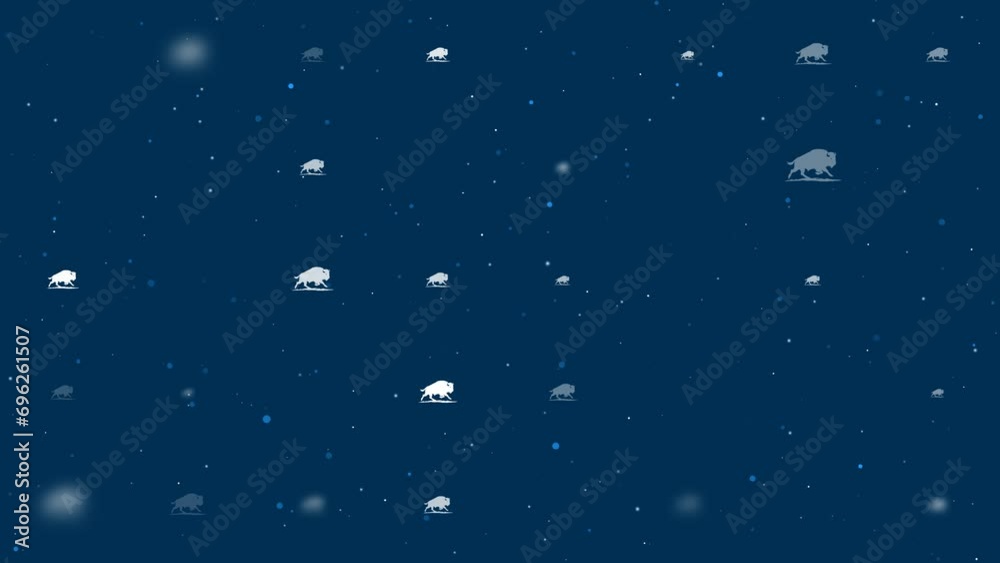 Poster template animation of evenly spaced wild buffalos of different sizes and opacity. animation of trans