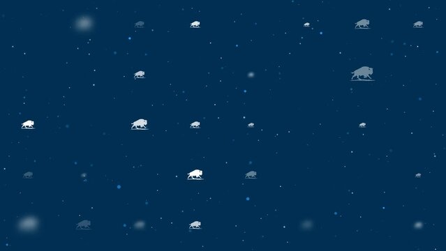 Template animation of evenly spaced wild buffalos of different sizes and opacity. Animation of transparency and size. Seamless looped 4k animation on dark blue background with stars