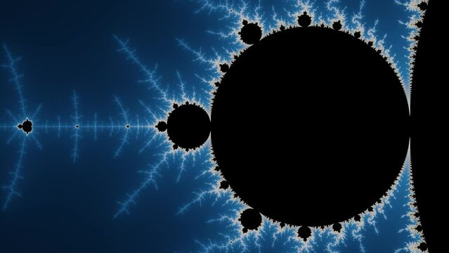 Zooming in to Mandelbrot fractal. Infinite complexity and randomness concept.