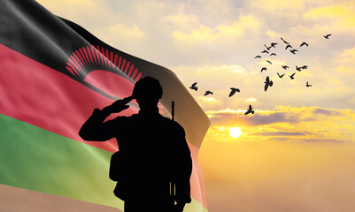 Silhouette of a soldier with the Malawi flag stands against the background of a sunset or sunrise. Concept of national holidays. Commemoration Day.
