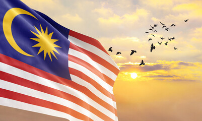 Waving flag of Malaysia against the background of a sunset or sunrise. Malaysia flag for...