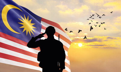 Silhouette of a soldier with the Malaysia flag stands against the background of a sunset or...