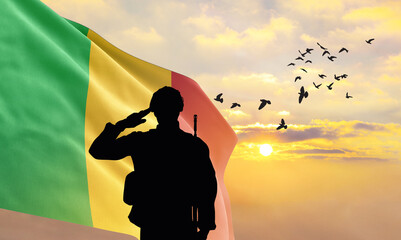 Silhouette of a soldier with the Mali flag stands against the background of a sunset or sunrise....