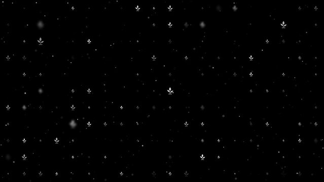 Template animation of evenly spaced sprout symbols of different sizes and opacity. Animation of transparency and size. Seamless looped 4k animation on black background with stars