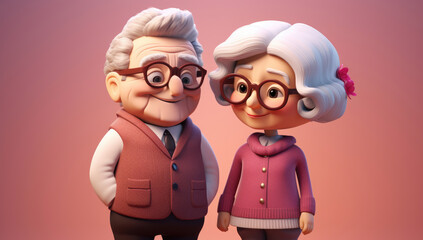Delightful animated senior couple in cozy attire sharing a cheerful moment, rendered in a soft, warm palette.