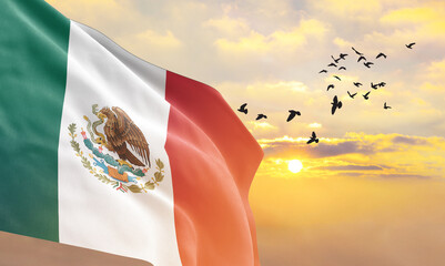 Waving flag of Mexico against the background of a sunset or sunrise. Mexico flag for Independence...
