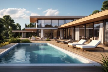 3d rendering of modern cozy house with pool and parking for sale or rent, 3D rendering portraying a modern house terrace with a swimming pool, AI Generated