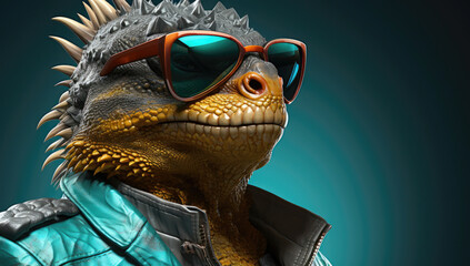 Edgy iguana character donning reflective sunglasses and a bomber jacket, embodying a rebellious spirit. - obrazy, fototapety, plakaty