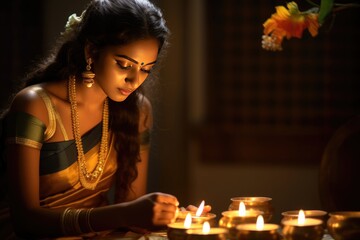 Serene Indian woman meditating with lit candles A fictional character created by Generated AI.  - obrazy, fototapety, plakaty