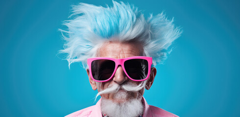 Eccentric elder with a wild blue mane and oversized pink sunglasses, exuding quirky charm and vitality. - obrazy, fototapety, plakaty