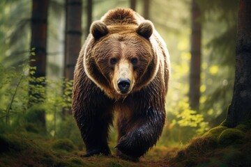 Fototapeta premium Brown bear in the summer forest. Natural scene. Scientific name: Ursus Arctos, A brown bear in the forest, depicted in a close-up view of a wild animal, AI Generated