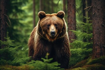 Brown bear in the forest at sunset. Portrait of a wild animal, A brown bear in the forest, depicted in a close-up view of a wild animal, AI Generated