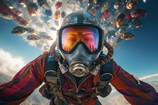 Astronaut in helmet and gas mask flying in the sky, A brave skydiver in the open air, full face covered with masks, AI Generated