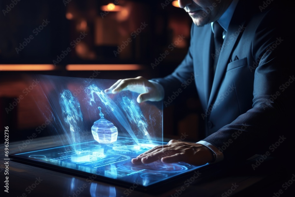 Sticker businessman working on laptop in dark office. 3d rendering, a businessman uses a digital tablet with