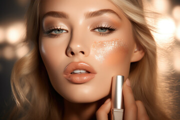 Ethereal beauty with captivating blue eyes, showcasing glistening cheek makeup and glossy nude lips.