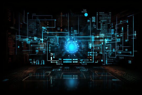 A neon led colored digital technology overlay or background. Futuristic hud interface concept.Blue overlay style.