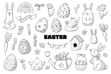 Set of Easter monochrome doodles, clip art, cartoon elements isolated on white background for coloring pages, prints, posters, cards, banners, scrapbooking, stickers, planners, etc. EPS 10