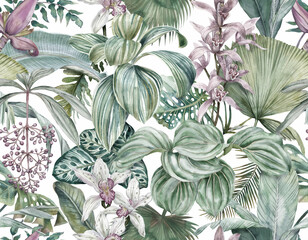 Tropical botanical wallpaper with leaves and orchids. Seamless pattern with tropical leaves and flowers. Illustration drawn in watercolor © Арина Трапезникова
