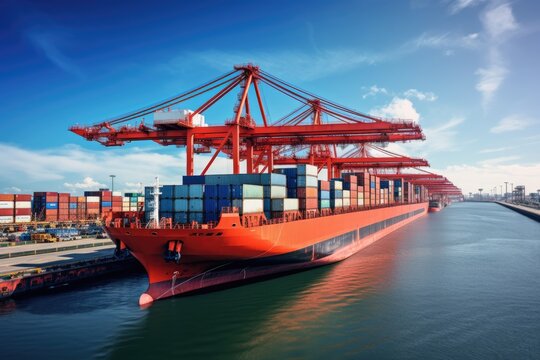 A container cargo freight ship, along with a working crane bridge in a shipyard, contributes to a logistic import-export background, --ar 3:2 --v 5.2 Job ID: 23b43a0e-50d2-42f3-8ad6-a1a2d7e4d2e5