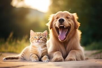 Golden Retriever dog and tabby cat together in the garden, A cute cat with green eyes lying on a...