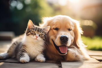 Cat and Golden Retriever dog together in the sunset light, A cute cat with green eyes lying on a bed and gazing upward, AI Generated