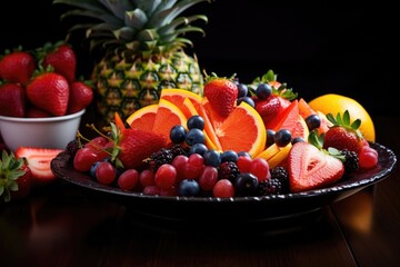 Fruits on plate, fruits decoration ready to eat, Fresh Fruit Variety on Tray Healthy Eating Diet Food Ai generated