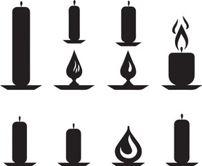 Set of silhouette burning candles on white background