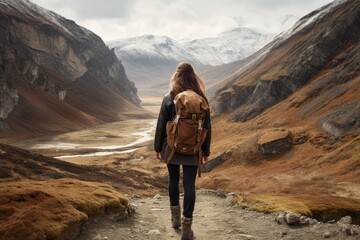 Young woman with backpack hiking in the mountains. Travel and adventure concept, A female hiker walking in the mountains, no visible faces, natural background, AI Generated - obrazy, fototapety, plakaty