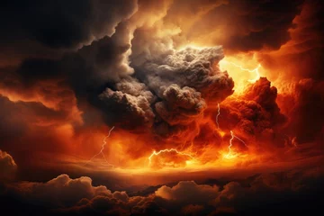 Foto op Canvas Image of explosion and cloud with lightning at night. Collage, A fire hurricane ravages the cloudscape in the sky, visually representing climate change-induced apocalypse and, AI Generated © Iftikhar alam