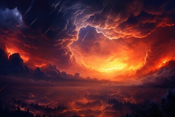 Fantasy landscape with red sky and dark clouds. 3d rendering, A fire hurricane ravages the...