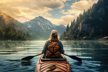Woman kayaking on lake with mountains in the background at sunset, A female hiker walking in the mountains, no visible faces, natural background, AI Generated - obrazy, fototapety, plakaty
