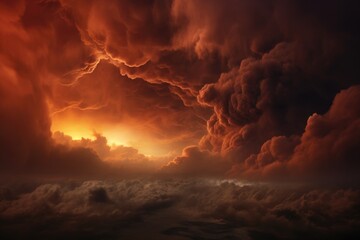 Fiery orange sunset sky with clouds. Dramatic cloudscape, A fire hurricane ravages the cloudscape in the sky, visually representing climate change-induced apocalypse and natural, AI Generated - obrazy, fototapety, plakaty