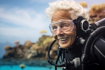 Portrait of happy senior man with scuba gear looking at camera