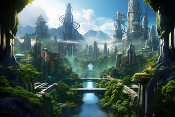 Fantasy alien planet. 3d render. Elements of this image furnished by NASA, A futuristic metropolis nestled in a lush jungle, showcasing harmony between nature and technology, AI Generated - obrazy, fototapety, plakaty