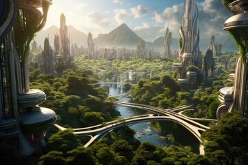 3D rendering of a fantasy city with a river and a bridge, A futuristic metropolis nestled in a lush...